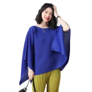 Femme Fashion Personality Irregular V Neck Loose Solid Color Bat Sleeve Blouse Elegant Pleated Asymmetrical Casual Cover Up Tops