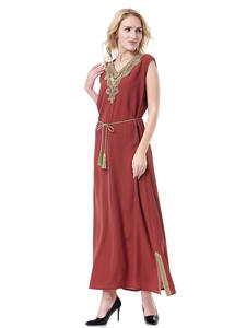 Summer Linen Blend Plus Size 3XL Embroidery Abaya Women Muslim Dress V Neck Sleeveless <strong>Turkish</strong> Dubai Abaya Ethnic <strong>Clothes</strong> - Product Image 3