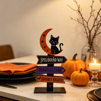 Décoration de table en bois pour Halloween : Panneau directionnel fantôme, citrouille et chat noir pour cheminée, étagère et table de fête
