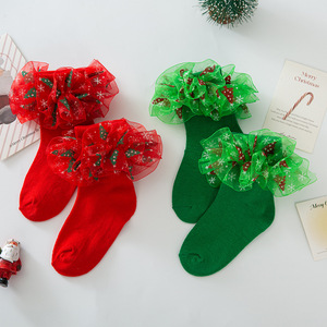 Nouvelles chaussettes en dentelle pour enfants 2025, chaussettes de Noël avec nœud papillon, chaussettes mignonnes pour bébés princesses - Product Image 1