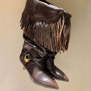 Turn Over Piled Pleated Ankle <b>Boots</b> Low Spike Heels Women Tassel Fringe Shoes Retro Styles Pointy Toe Suede Short Booties - Product Image 6