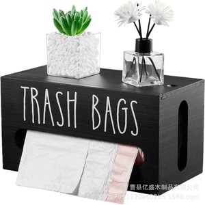 Boîte de rangement pour sacs poubelles en bois, noire, organisateur de bureau extractible, rangement de cuisine - Product Image 1
