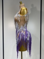 Robe de danse latine courte pour femme, ornée de strass et de franges, sans manches, scintillante, de luxe, pour performance en boîte de nuit, bar, scène ou tenue d'anniversaire
