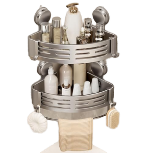 Paquete de 2 estantes de ducha de esquina gris, ventosa, estante de ducha sin perforación, organizador de baño, barra de toalla adhesiva, ganchos, rieles - Product Image 1