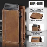 Dompet Kartu Pop Up Pria Anti RFID Serat Karbon Kulit Minimalis Lipat Dua dengan Jendela ID Logo Custom Grosir