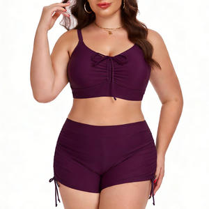 Traje de baño de dos piezas para mujer, talla grande, color sólido, conjunto de bikini de cintura alta con detalle de cordones, ropa de playa para tallas grandes - Product Image 5