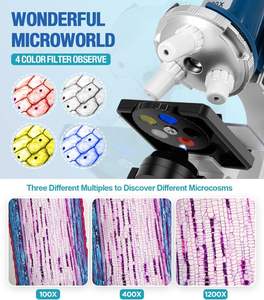 Kit de microscope pour enfants de 58 pièces, grossissement 100X-1200X, corps en métal, lumière LED, boîte de transport, jouet d'expérimentation scientifique, âges 5-12 ans - Product Image 4