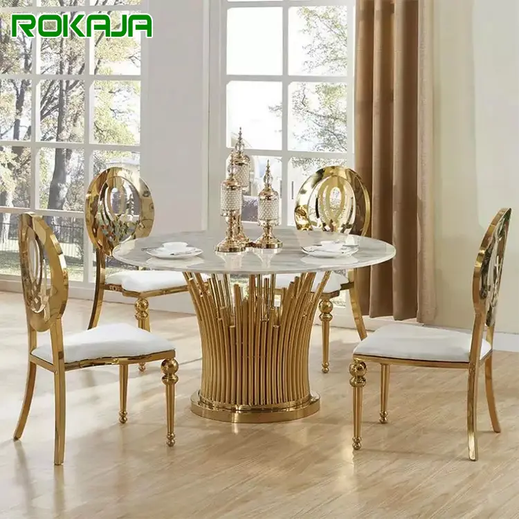 Ensemble de table à manger en marbre 6 8 chaises en acier inoxydable jambe verre extérieur rond ensemble de table à manger luxe moderne