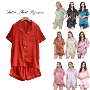 Summer Solid Color Pijama 20 Colors In Stock Women Loungewear Short Sleeves Trimmed Silk Satin Pajamas Sleepwear