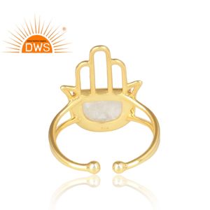 Bague en pierre de lune arc-en-ciel en gros, design main de Hamsa, plaqué or 14 carats, argent 925, bague à bande réglable, bijoux - Product Image 4
