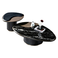 Table basse ovale en noyer avec plateau en pierre noire de luxe, style minimaliste italien, ensemble de meubles de salon, décoration d'intérieur antique