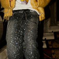 Jeans pour hommes personnalisés avec strass, 100% coton sergé, coupe large, streetwear, logo brodé scintillant, OEM ODM, vente en gros