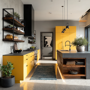 Mobili da <span class=keywords><strong>Cucina</strong></span> Moderni Giallo <span class=keywords><strong>Senape</strong></span> VSME con Ripiani in Legno, Isola in Pietra Grigia e Set di Armadi Modulari - Product Image 5