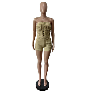 Combinaison courte sexy pour femme, épaules dénudées, sans bretelles, multi-poches, boutonnée, pour anniversaires, soirées et clubs - Product Image 4