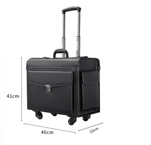 Flight Board Cabin Size Leather Carry On Luggage Trolley PU Leather Laptop Black Briefcase Boarding Pilot Luggage