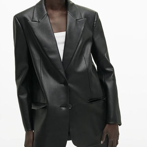 Giacca in <span class=keywords><strong>pelle</strong></span> PU da <span class=keywords><strong>donna</strong></span> di qualità migliorata cappotto lungo Vintage giacca da <span class=keywords><strong>donna</strong></span> monopetto con intaglio in ecopelle Pu Streetwear - Product Image 6