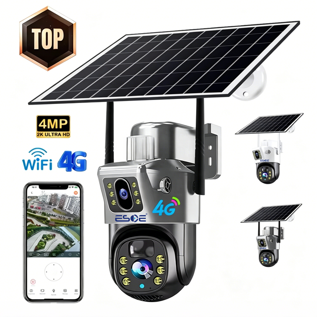 Solar Powered PTZ Surveillance Camera with Dual Lens 4MP Night Vision Wireless Outdoor WiFi 4G SIM Card IP66 Weatherproof