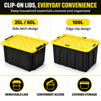 Bac de rangement robuste en plastique empilable noir et jaune de 25L, 60L, 100L pour outils et sous-sol