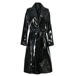 의류 고급 싱글 브레스트 밝은 양 가죽 트렌치 코트 긴 가을 반짝이 맞춤형 정품 가죽 코트 여성