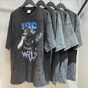 Dtg Digital Printed Acid Washed Pattern T-shirt Distressed Men Streetwear Black Custom Screen Printing T Shirt