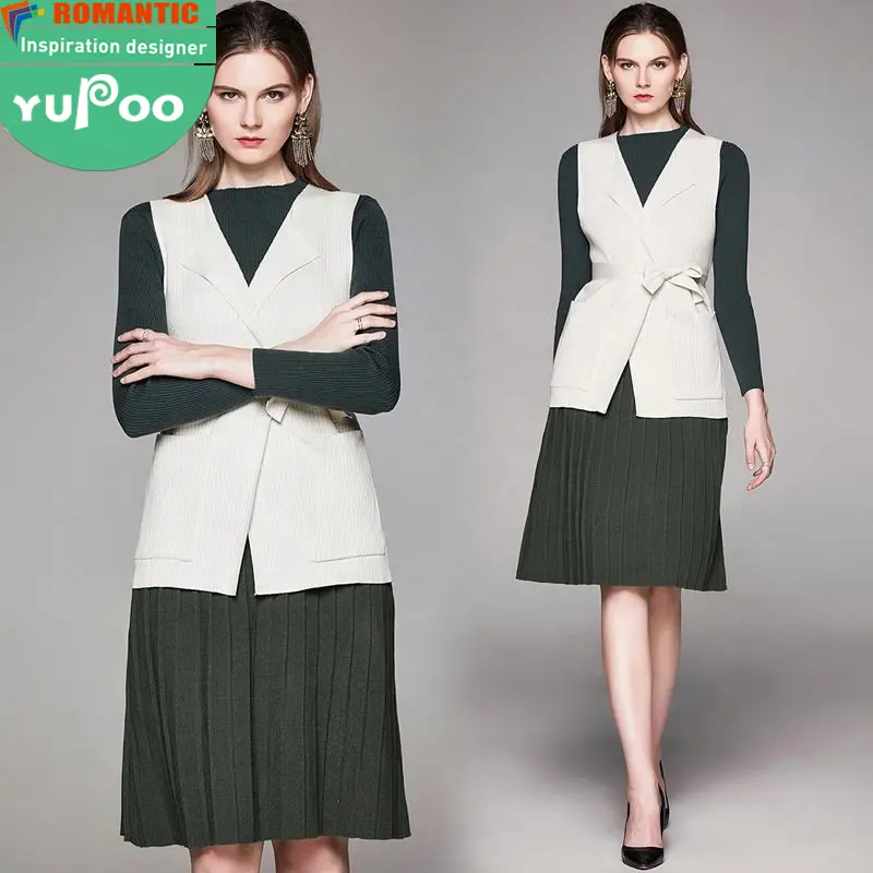 Fall and winter new knit long sleeve top white waistcoat and pleated skirt fashionable ladies boutique clothing 3 piece set