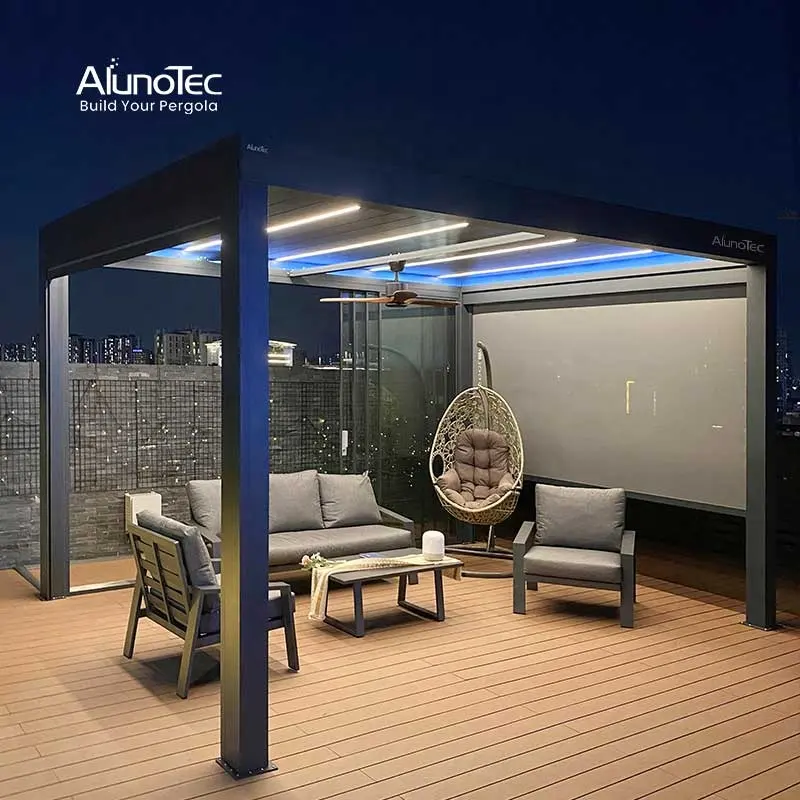 AlunoTec Metal Shade Covers Electric Waterproof Garden Aluminium Gazebo Motorized Pergola Roof System