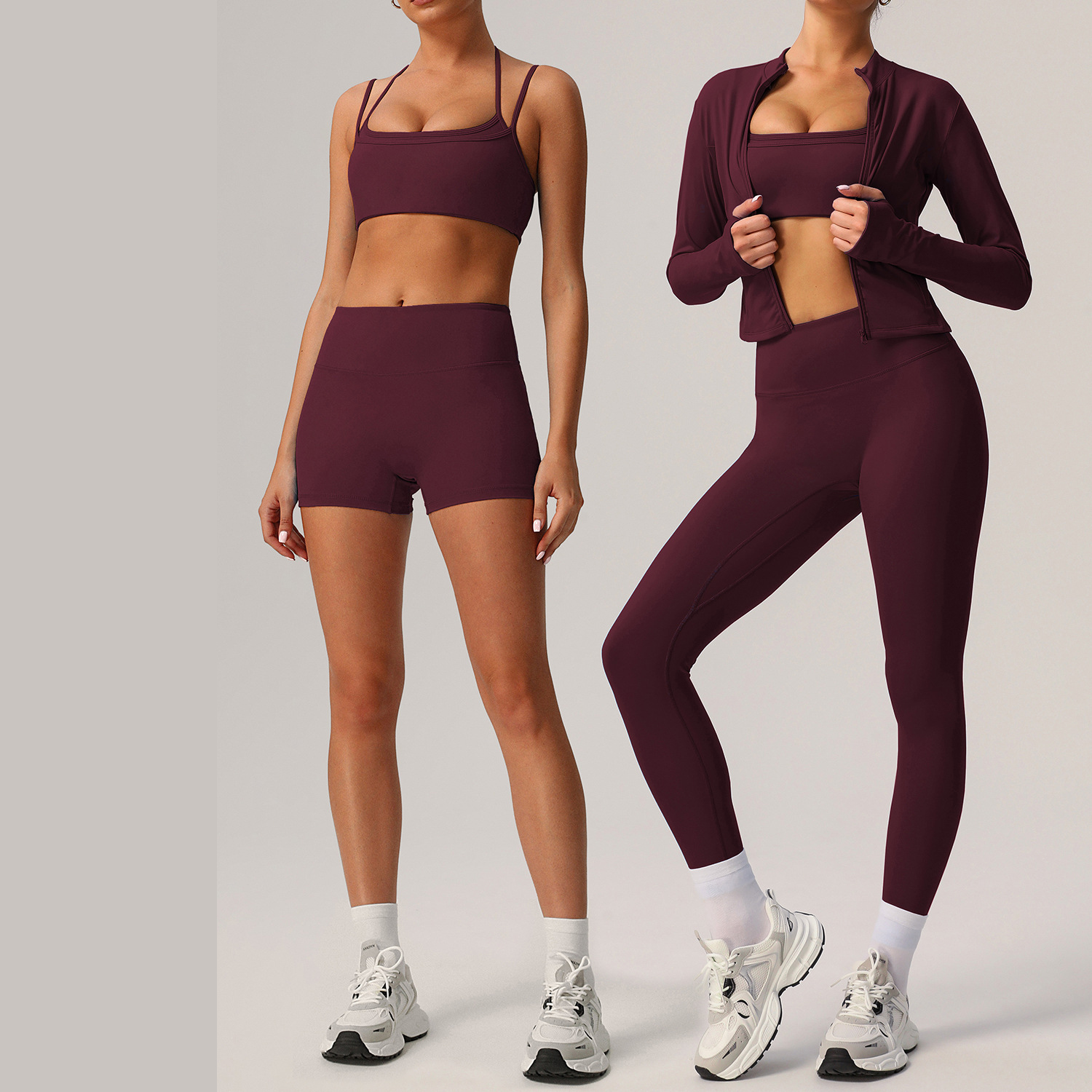 Women Outdoor Compression Comfort Front Zipper Stretchy Lightweight Fitness Shorts and Jacket Set