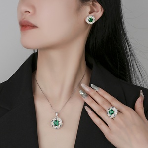 Fashion Eco-friendly Copper Gold Plated 10-8MM Emerald Green Cubic Zirconia Temperament Necklace <b>Earrings</b> Set for Women - Product Image 6