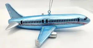 NOXINDA Children's Series Robert Stanley Blue Jet Airplane Christmas Ornament Glass Silver Red Glitter Home Holiday Decoration