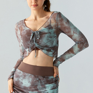 Nouveau à la mode femmes Gym Fitness <span class=keywords><strong>Crop</strong></span> hauts à manches longues impression maille Yoga hauts en plein air décontracté chaîne couvrir vêtements de sport - Product Image 1