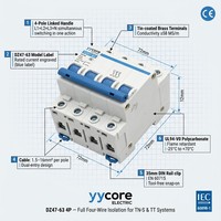 Disjoncteur à quatre pôles Yycore DZ47-63 4P MCB 6A-63A 4,5kA 400V Courbe C IEC 60898-1 CE IP20 PA66 Plastique ignifuge L1 L2