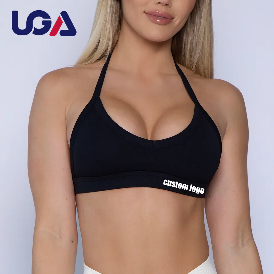 Custom Women Gym Active Yoga Wear Front Halter Backless Strappy Padded Spandex Sport Bra