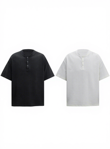 T-shirt décontracté ample en coton mélangé style <span class=keywords><strong>Old</strong></span> Money vintage américain, col <span class=keywords><strong>Henry</strong></span>, respirant, traitement anti-plis, effet délavé - Product Image 3