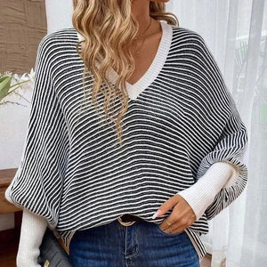 Suéter de Punto Holgado con Cuello en V, Manga Murciélago y Diseño de Parches a Rayas para Mujer, Nueva Colección Otoño/Invierno - Product Image 3