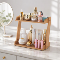 Rak Penyimpanan Kosmetik 2 Tingkat dari Bambu, Rak Perawatan Kulit, Organizer Rias untuk Meja Rias