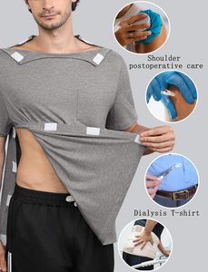 Camisetas de recuperación postoperatoria Deyeek de poliéster dobby para hombre, con abertura completa en el hombro, manga corta, adaptables para quimioterapia - Product Image 4