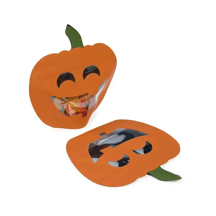Food Safe Airtight Resealable Plastic Jack-O-Lantern Pumpkin Shaped Pouch Zipper Seal Packaging Bags For Candy Food Nuts Packing