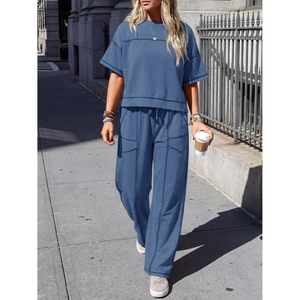 Fisoew Womens 2 Piece Lounge <b>Set</b> Short Sleeve Top Wide Leg Pants Casual Matching Outfit All Seasons Breathable <b>Knitted</b> Wear - Product Image 2