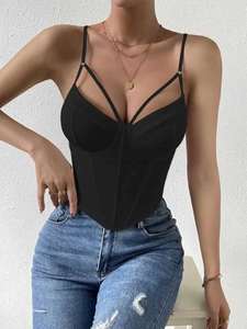 Débardeur court corset sexy et respirant en maille unie avec logo frontal pour femme - Product Image 4