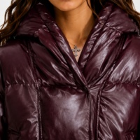 Veste matelassée à capuche pour femme, bordeaux foncé, en similicuir, manteau d'hiver brillant, isolé, matelassé, style bomber, parka, vêtement d'extérieur