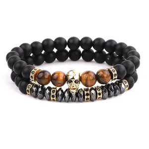 Pulseira de miçangas de hematita, pedras olho de tigre onix fosca, de alta qualidade, cz, conjunto de pulseira para homens jbs210 97