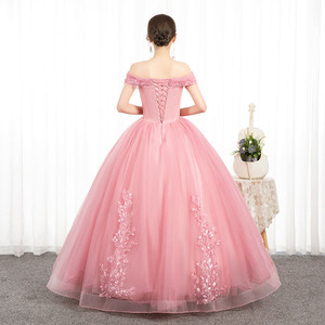 Off The Shoulder Pink Tulle Ball Gown For Women Stage Performance Dress With Floral Embroidery Long Evening Gown - Product Image 2