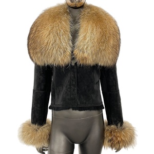 Nouveau style hiver européen et américain, poncho en daim et fourrure avec col en fourrure de raton laveur surdimensionné, <span class=keywords><strong>court</strong></span>, pour femme, streetwear, mode sexy - Product Image 5