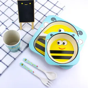 5 Piece Set Cartoon Animal Bamboo Fiber Children's Dinner Spoon Fork Bowl Cup Plate Tableware