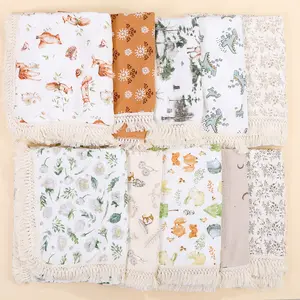 Boho Bohemian Muslin Swaddle Blanket Baby Receiving Blanket Cotton Muslin Baby Blanket with Tassels
