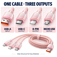 Câble de charge multi-connecteurs 3-en-1 USB-A vers USB-C 8 broches Micro, tressé en nylon, en stock, vente en gros