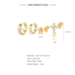 QLEESI Ensemble de 4 pièces avec clip en C en perle, étoile, lune et zircon, bijoux en argent sterling 100% de haute qualité - Product Image 2