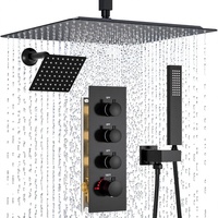 Système de Douche Thermostatique à 4 Poignées avec Deux Jets (16" + 6") et Fonction Pluie, en Laiton et Acier Inoxydable, Finition Noir Mat