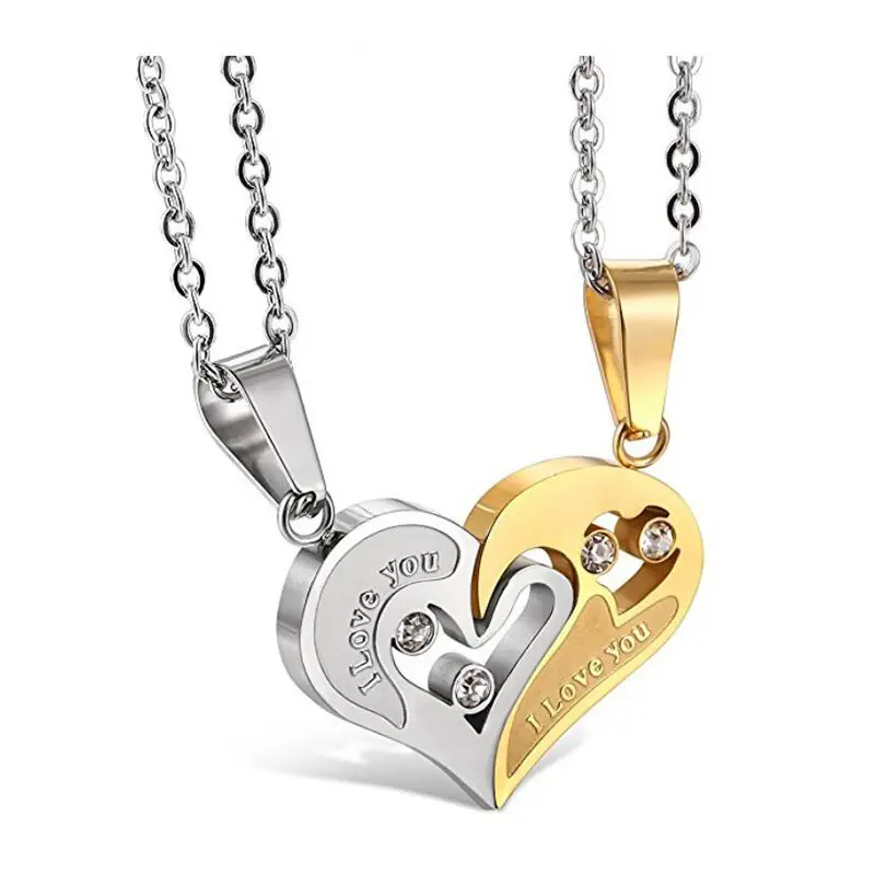 Vente chaude Bijoux Coeur Collier Or Argent Couleur Amour Chaîne Diamant Amour Pendentif Collier pour Couple Cadeau