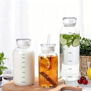Bouteille d'eau en verre avec paille, 300-1000 ml, couvercle à vis, design minimaliste transparent, pour les voyages, adultes - Product Image 3